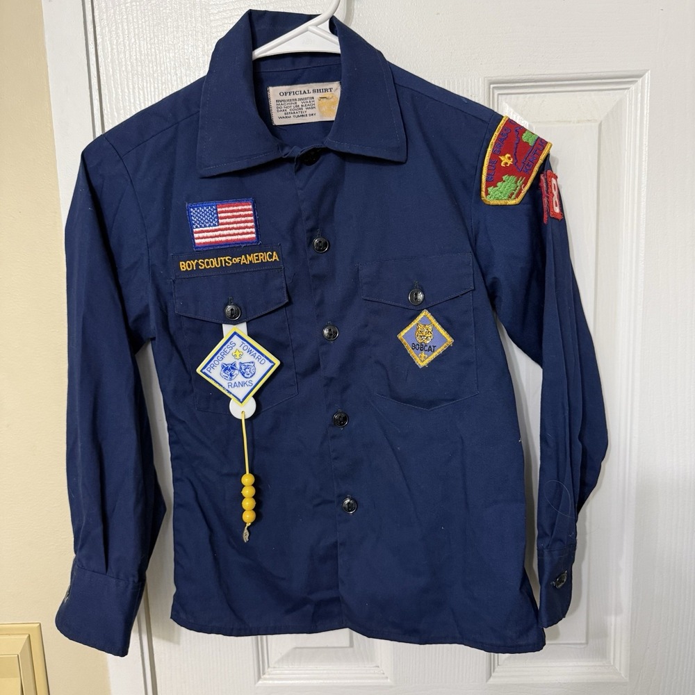 VTG 90's Bobcat BSA Youth Blue Uniform Shirt Long Sleeve + Patches Size 10